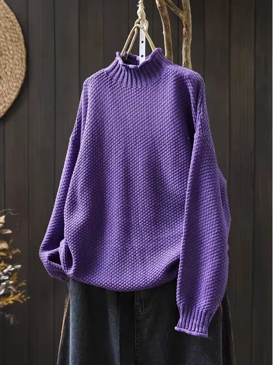 

Loose Fit Cotton Knit Sweater Women's Casual High Collar Knitted Sweater Autumn Winter Season Long Sve Color