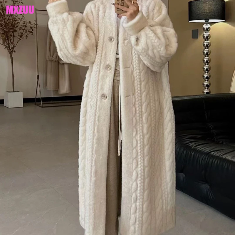 Faux Fur Coat Women Autumn Winter Korean Fashion Thickened Warm V-Neck Single Breasted Slim Long Twist Cardigan Mink Fur Jacket