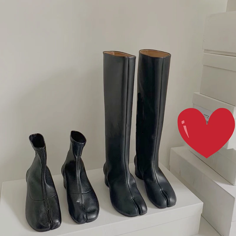 Nowe buty do kolan kobiety Split Toe buty dla kobiet okrągłe obcasy kobiety moda Tabi buty damskie wygodne zimowe Botines Mujer