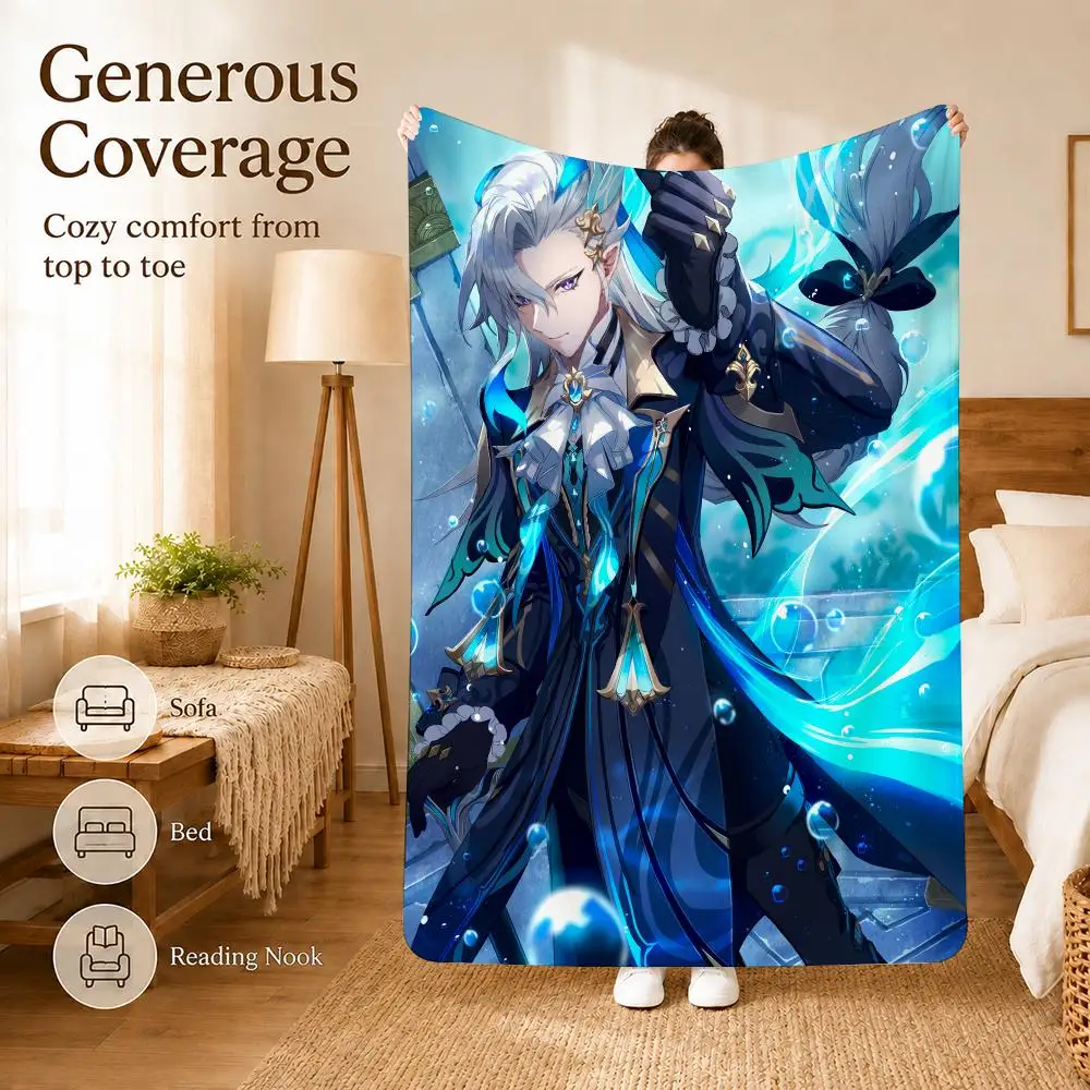 Neuvillette Genshin Impact Elegant Throw Ultra Soft Summer Flannel Throw Blanket for Couch, Bed, Office & Travel