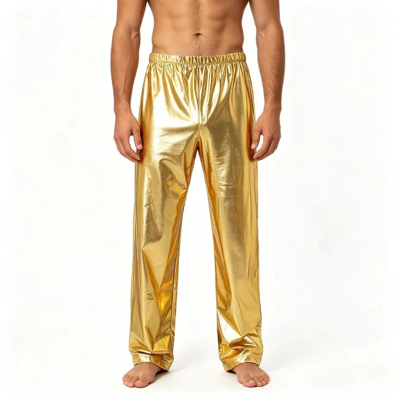 Men Shiny Metallic Straight Leg Pants Elastic Drawstring Waist Loose Trousers Nightclub Disco Stage Performance Party Costume