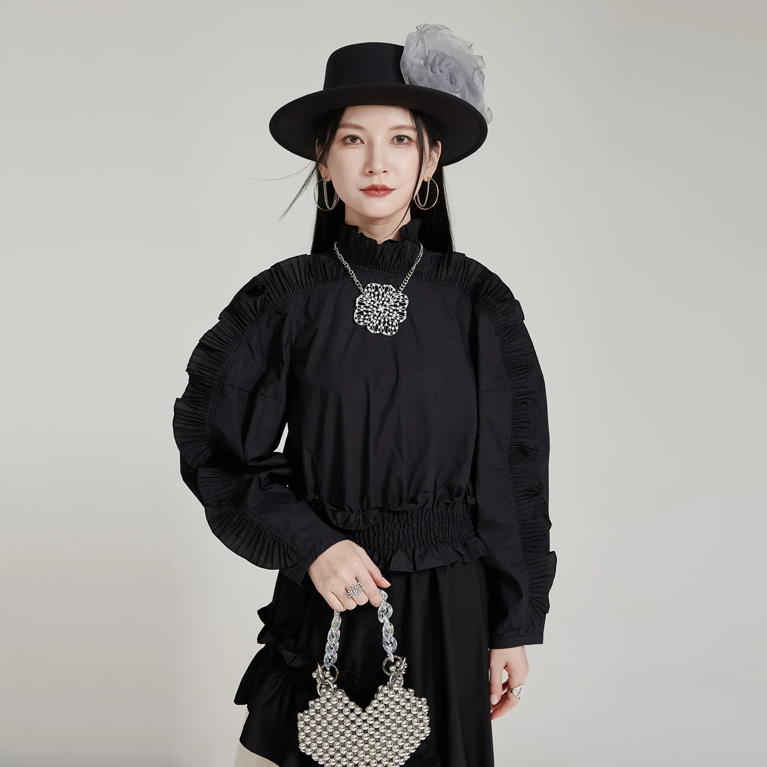 Autumn French elegant and high-end lace short shirt top with bubble sleeves and stand up collar women's shirt