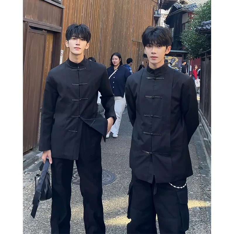 

New Chinese Sle Stand Collar Men's Suit Jaet Spring Autumn Double Row Button Casual Ele Briti Sle Outerwear