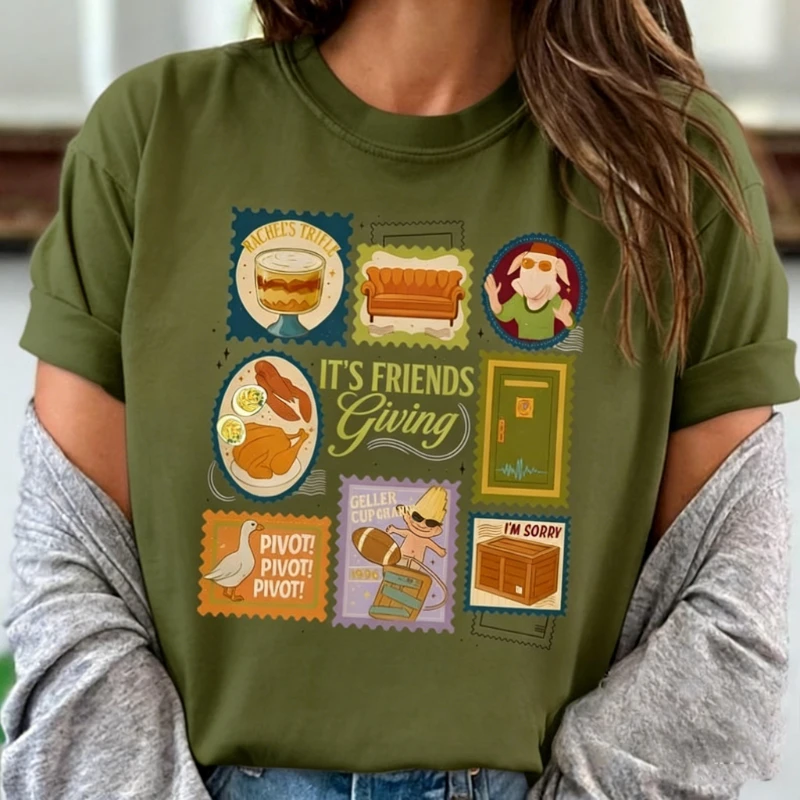 Geller Bowl 1996 Stamps Friendsgiving Printed T-Shirt Tops Rachel’s Trifle Thanksgiving Tee Friends TV Show Fall Unisex Shirt