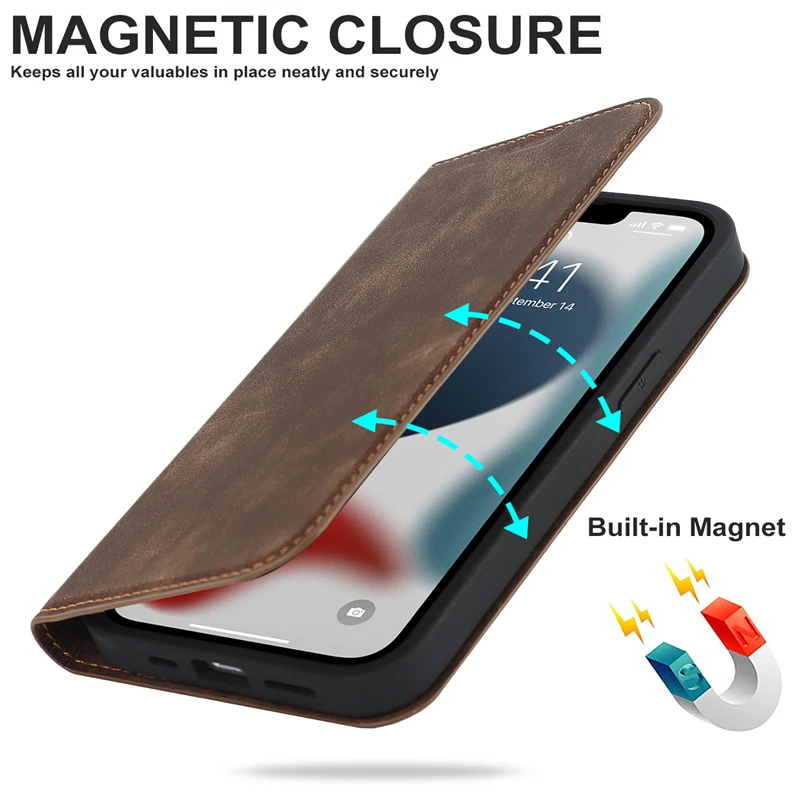 

Кожаный флип-чехол-кошелек Magsafe для iPhone 12, 13, 14, 15, 16, 17 Pro Max Plus, чехол-книжка с магнитной беспроводной зарядкой