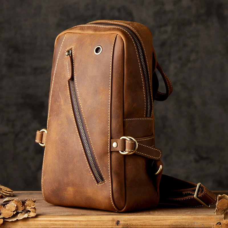 Factory Direct Custom Vintage Crazy Horse Leather Chest Bag Daily Outdoor Cross body Bag Male Retro Genuine Leather Sling Pack