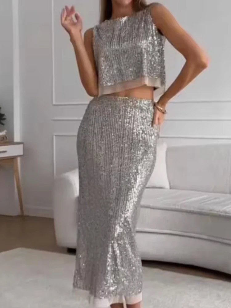 

Сексуальный сетчатый лоскутный топ без рукавов и юбка, костюм, женская мода, блестящие вечерние наряды с блестками, элегантная темпераментная длинная юбка, комплект из 2 предметов