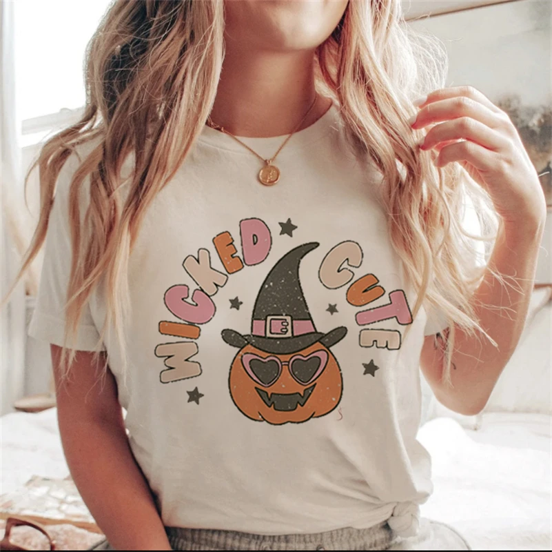 Simple Harajuku New Autumn Halloween Fashion All-match Short-sleeved Cute Fun Pumpkin Print Casual T-shirt Summer Women\'s Print.