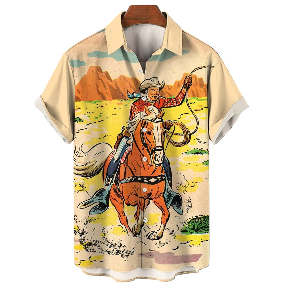 Retro Western Cowboy Men Car Girls Hawaiian Oversized Short Sleeve Shirt Street Luxury Tops Summer Clothing 3D Printed Clothing