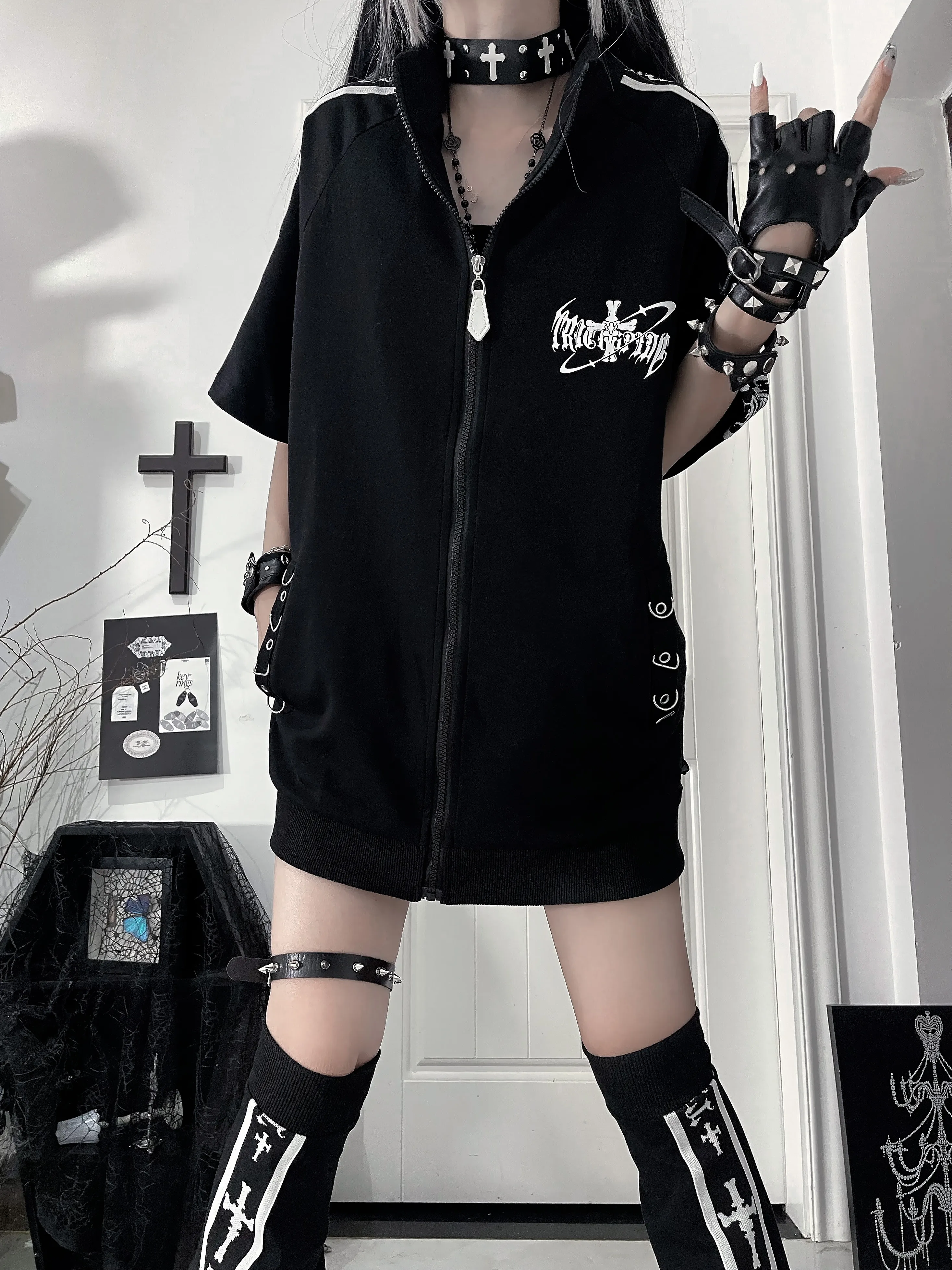 Original Subculture Gothic Loose Short Sleeve Jacket Skirt Leg Warmers Set 2025 Autumn New Girl's Sweet Cool Print Sportswear