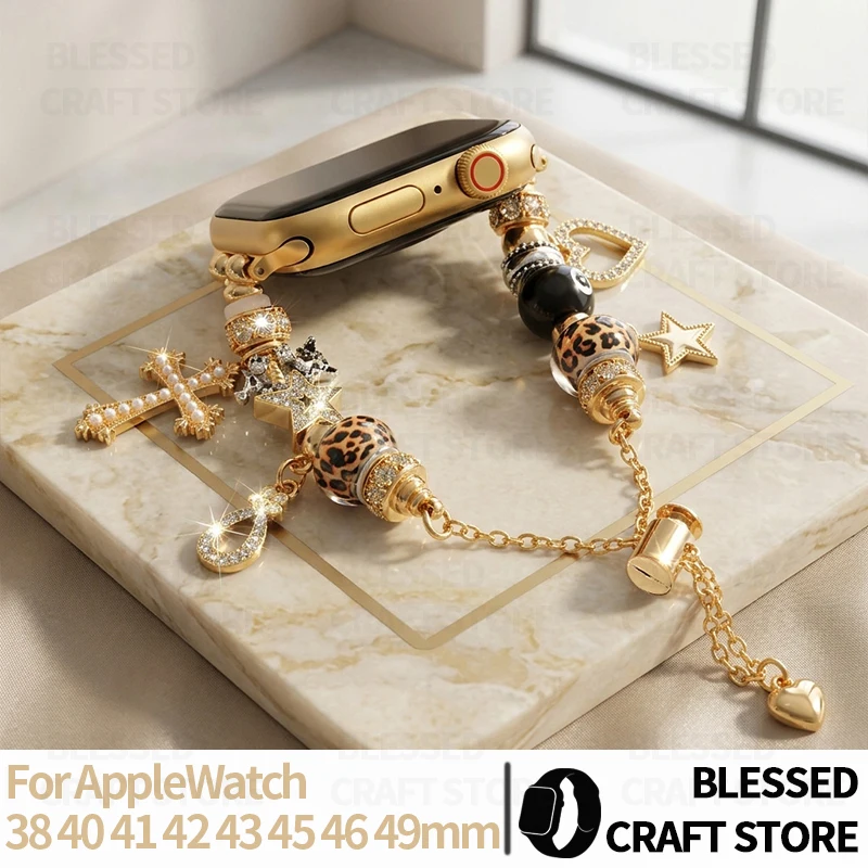 Trendy Punk Leopard Print Charm Bracelet Strap for Apple Watch S11 10 9 8 7 Ultra 40/41/45/49/44/42mm Cross Star Beads Wristband