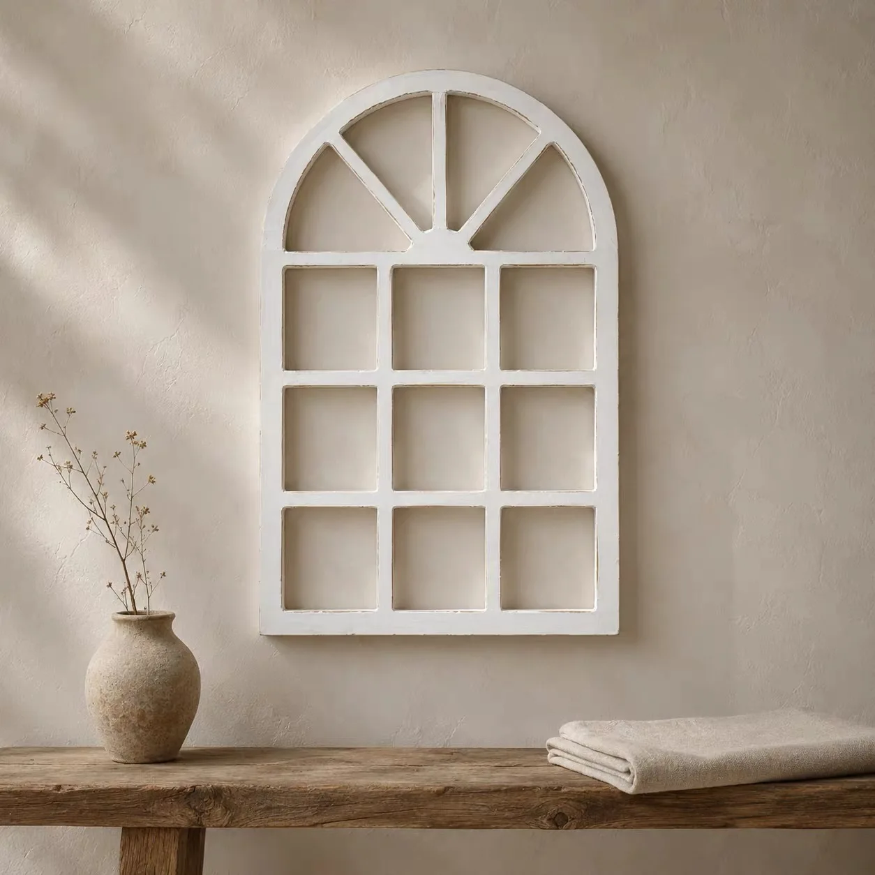 Vintage White Window Frame Wall Decor, Arched Wooden Faux Window Wall Art, Farmhouse Rustic Decorative Wall Accent for Living Ro