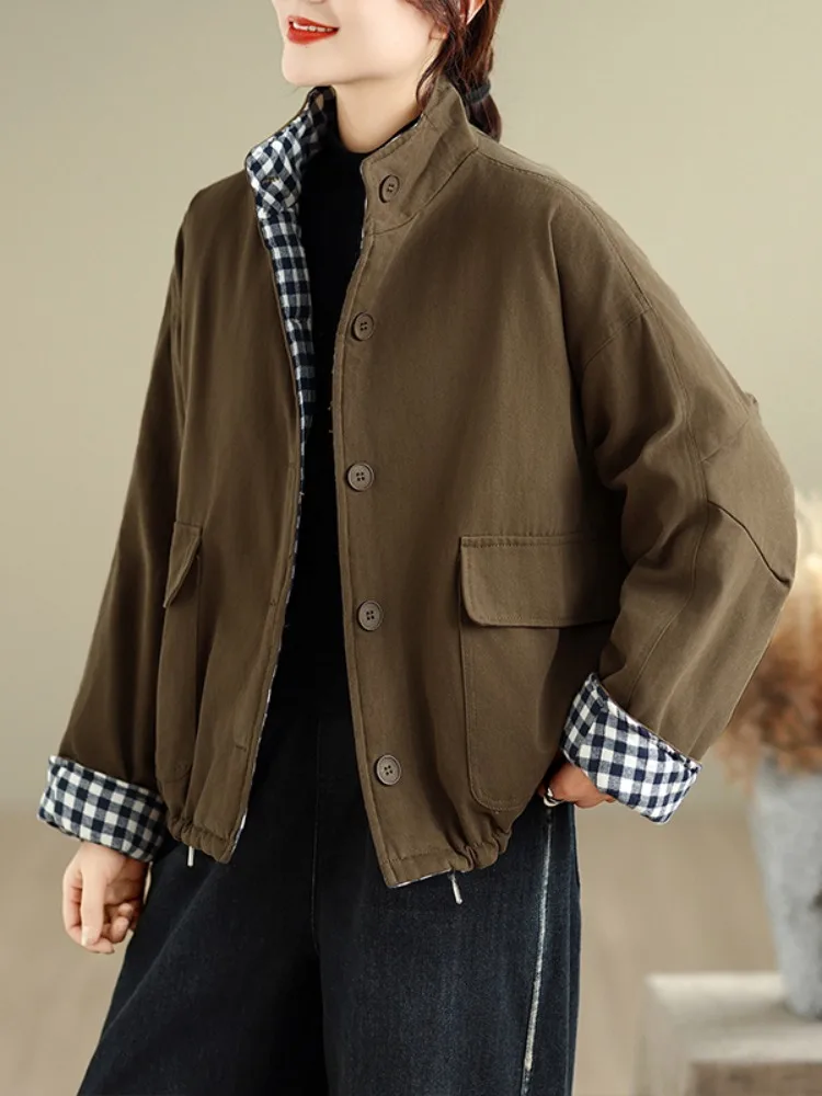 

Ретро-куртка из хлопка в рабочем стиле, утепленная, с воротником-стойкой, для женщин, повседневная зимняя короткая куртка для невысоких.