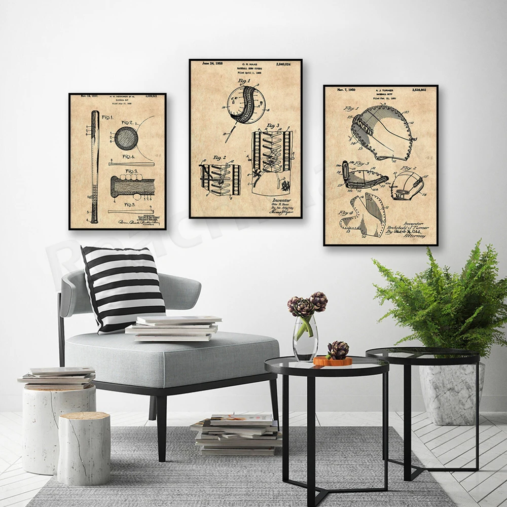 Baseball Patent Poster - Baseball Wall Art Vintage Baseball Prints, Baseball Gifts Sports Themed Room Boys Room Decor