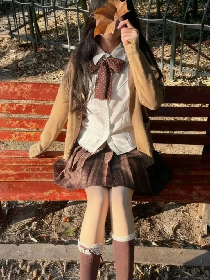 

Brown Caramel Layering Knitted Open Cardigan Skirt Set Long Sleeve School Uniform Style Fashion Set for Young Women