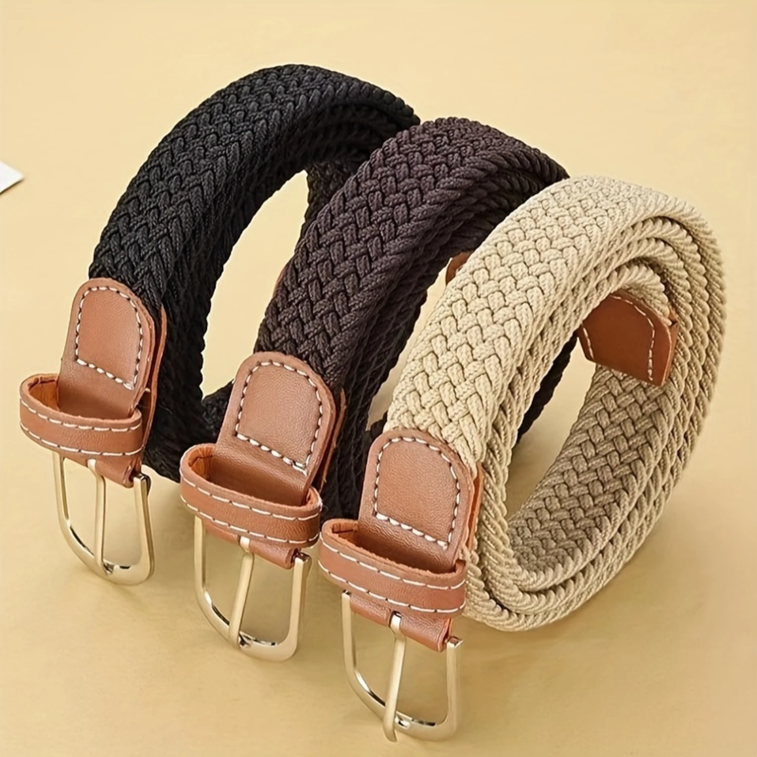 3pcs Casual Elastic Band Braided Belt Elastic Stretch Woven Belts Jeans Accessories For Women