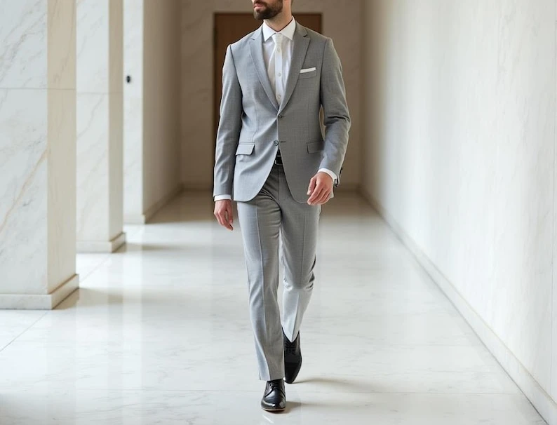 

Custom Grey Suit Men's Slim Fit Three-Piece Wedding