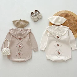 2024 New Autumn Children Knitted Clothes Korean Style Climbing Suit Long Sleeved Floral Newborn Baby Girls Knitted Bodysuits