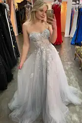 Gray Prom Dresses Illusion Sleeveless Strapless Floral Lace Applique Glitters Tulle A Line Spaghetti Strap Evening Gowns