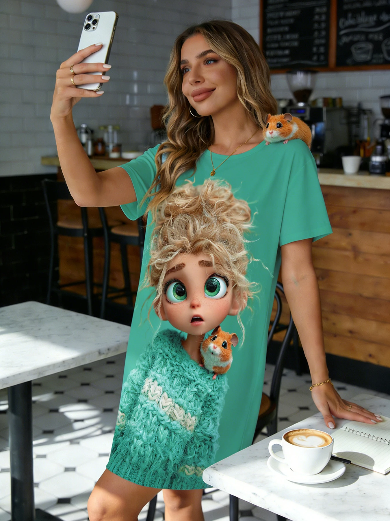 

Women Nightdress Round Neck Short Sleeve Spring Summer Cute Girl & Hamster Print