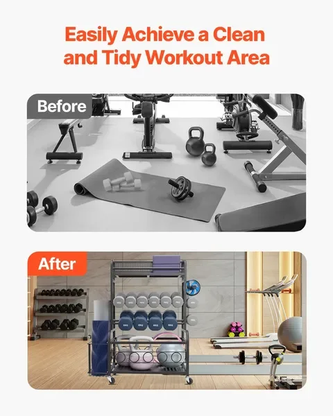 Yoga Mat Storage Rack with Hooks & Wheels, Steel Holder for Dumbbells, Kettlebells, Foam Roller, Yoga Strap – Powder Coated