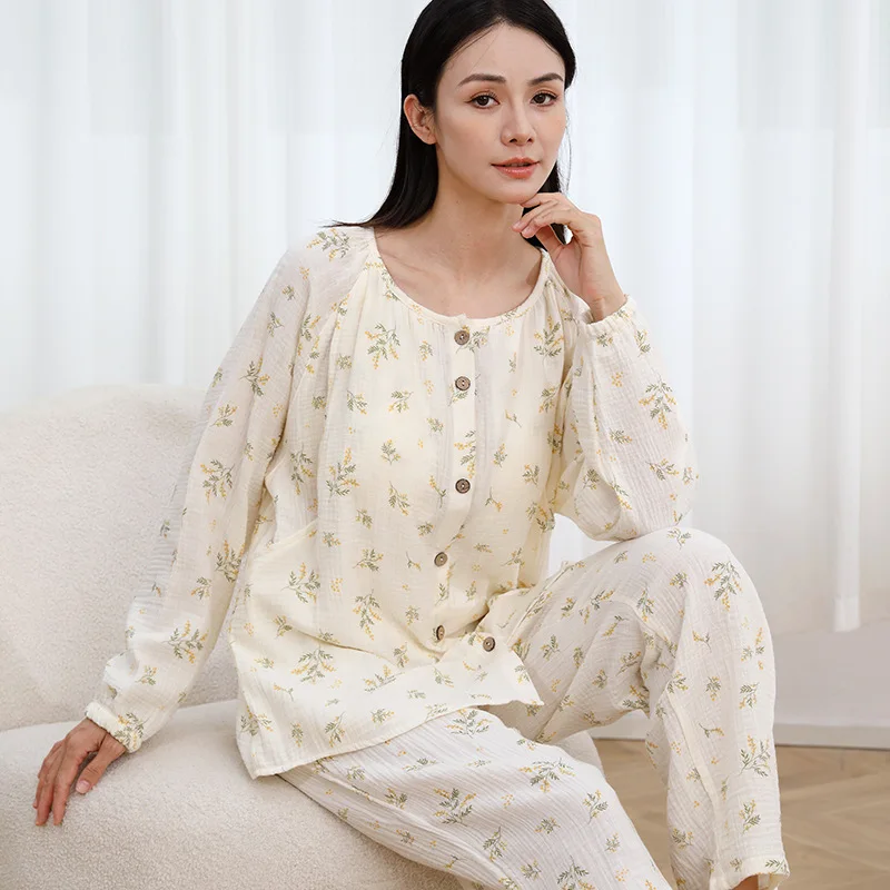 Pure Cotton Nightie For Maternity Hospital Long Sleeve Sleepwear Autumn Monthly Clothing 2-Piece Breastfeeding Pajamas