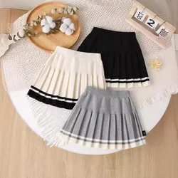 Kids Skirts Girls Skirt 2024 Autumn and Winter Styles Pleated Skirt Versatile Ladies Striped Knitted Skirt JK Short Dresses