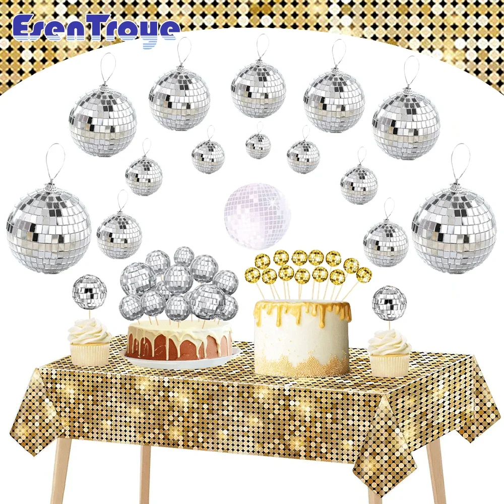 

70s 80s 90s Disco Birthday Party Decor Sequin Tablecloth Mirror Reflective Ball Cake Topper Wedding Mirror Ball Hanging Ornament