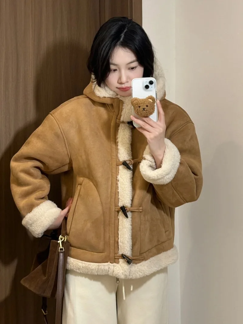 Korean Chic Hooded Lamb Wool Coats Women Horn Button Loose Casual Long Sleeve Jackets Autumn Winter Thick Warm Fur Outwears