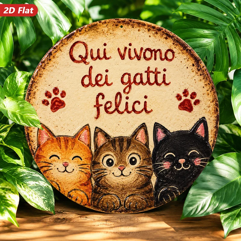 2D Flat, 1pc Round Metal Sign Wall Art, Cute Cat Trio Home Decor, Italian Text 
