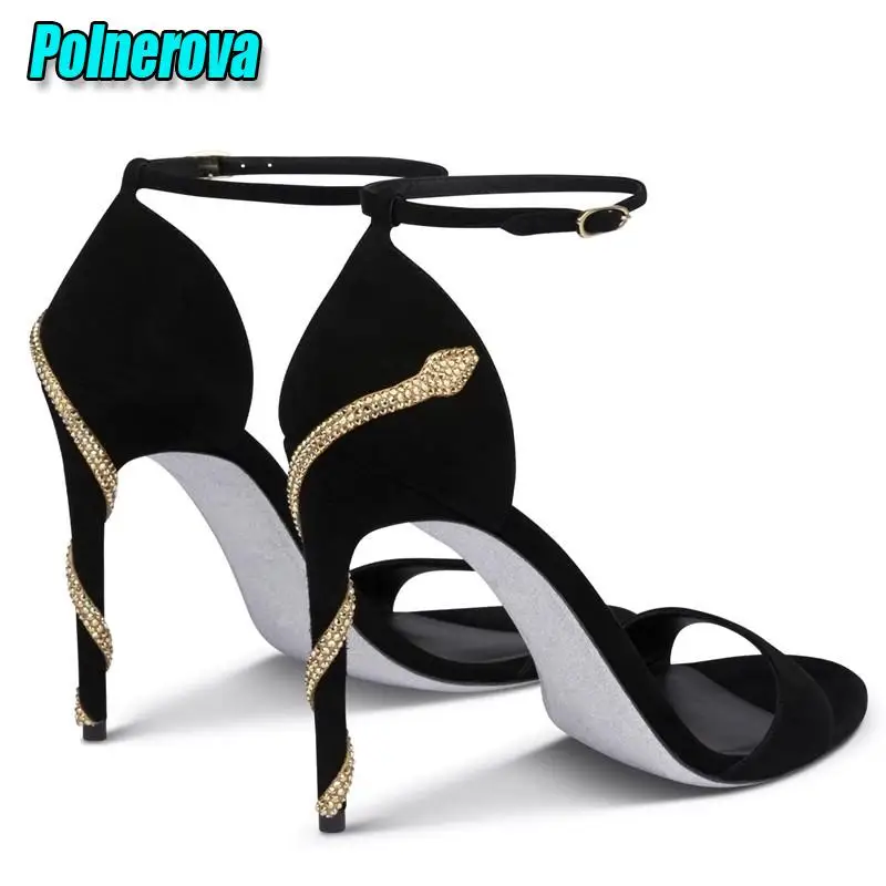 Black Suede Golden Snake Wrapped High Heels Women Sandals Luxury Rhinestone Open Toe Ankle Buckle Stiletto Summer Party Shoes