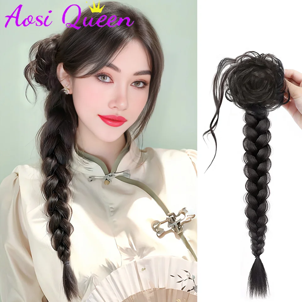 

AOSI New Chinese Style Ponytail Wig Claw Clip Dragon Beard Twist Braid Ancient Style Hanfu Cheongsam Low Ponytail