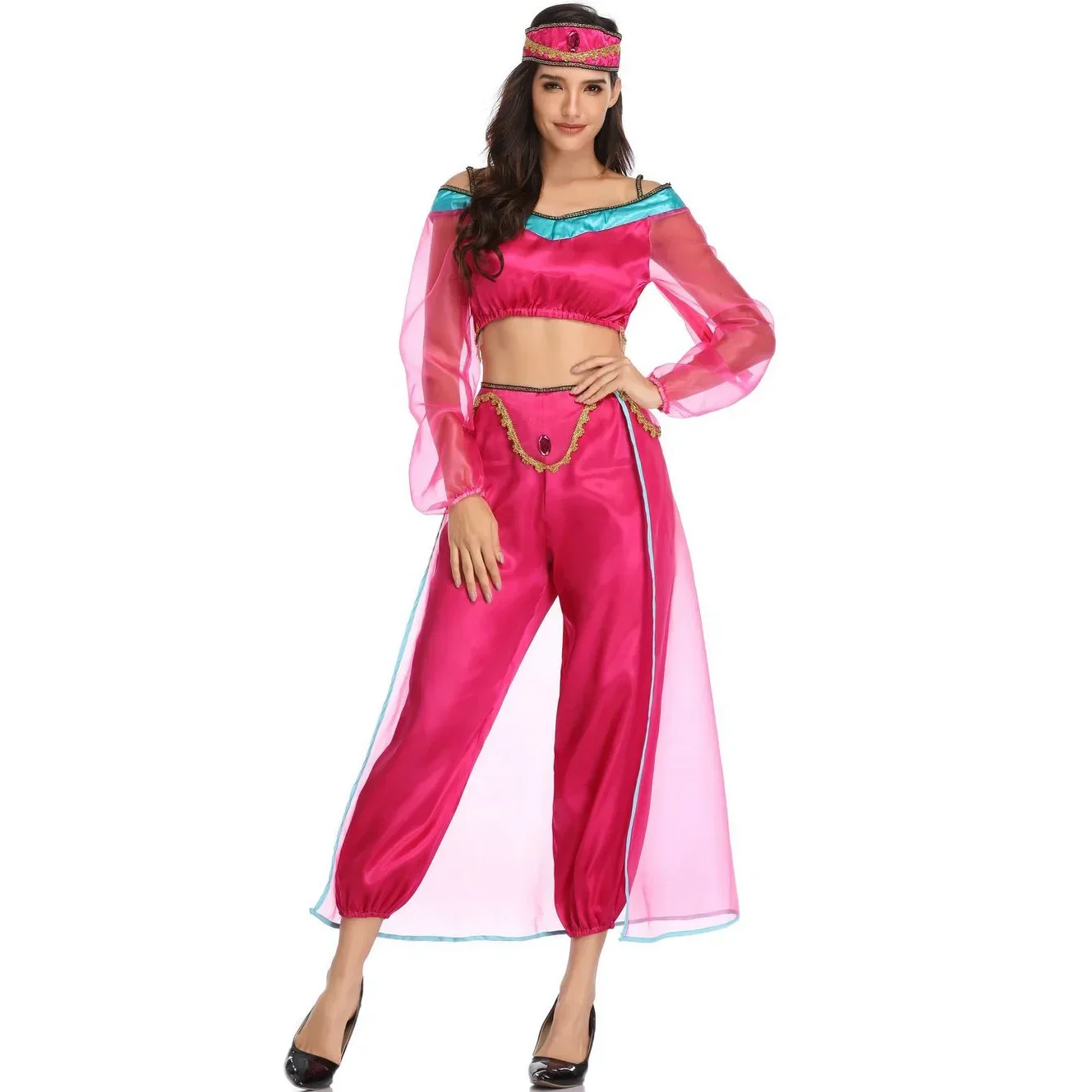 

Anime Aladdin Cosplay Princess Jasmine Rose Outfits Costume The Magic Lamp Women Belly Dance Fancy Dress Clothing Set Halloween