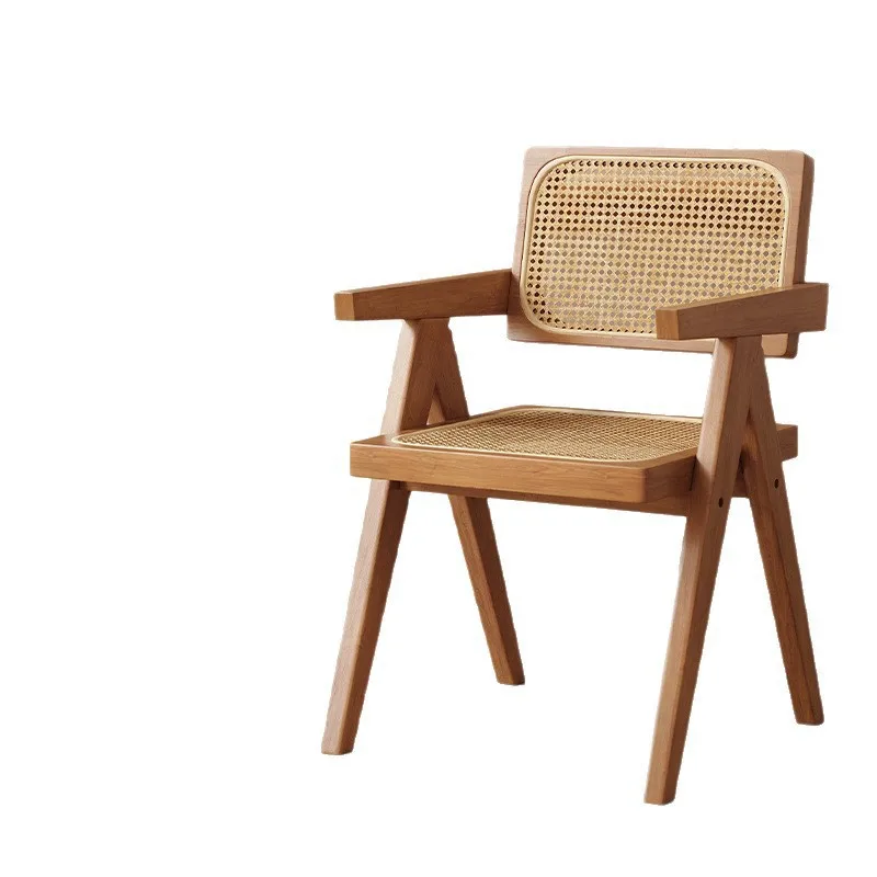

Nordic solid wood home rattan dining chair, wabi-sabi wind medieval homestay restaurant backrest rattan chair