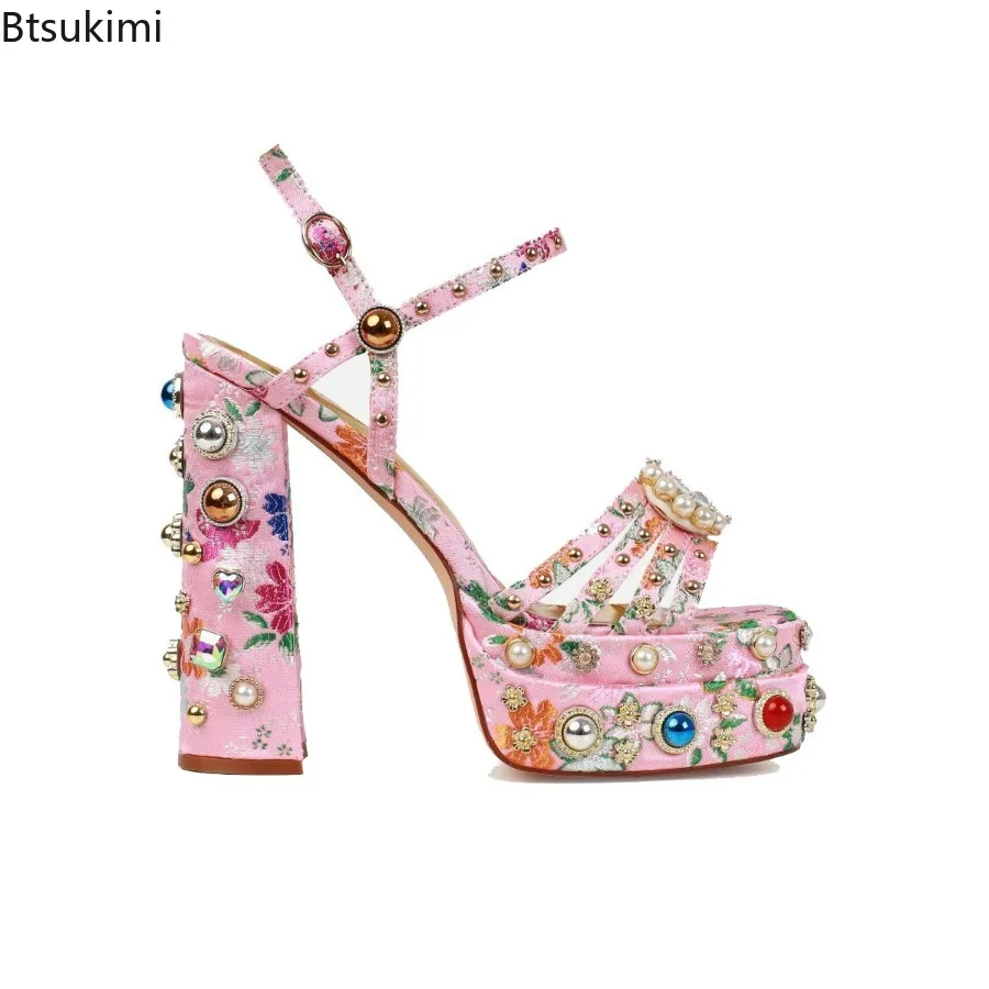 Women's Summer New Rhinestone Gemstone 14.5cm Thick High-heeled Sandals with Thick Sole and Exposed Toe Sexy High-heeled Shoes