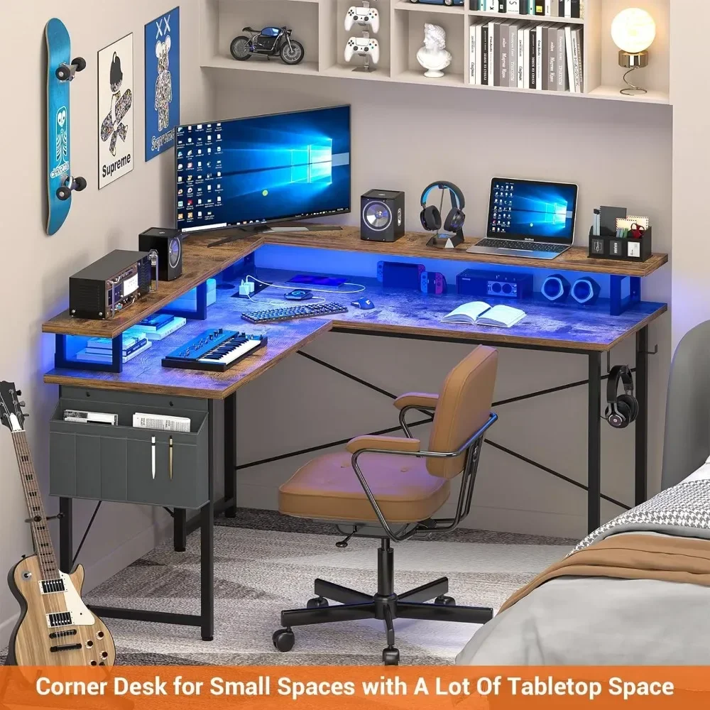 L Shaped Computer Desk With Power Outlets Small Spaces Room Desk to Study 47'' Home Office Rustic Table Reading Desks Gamer