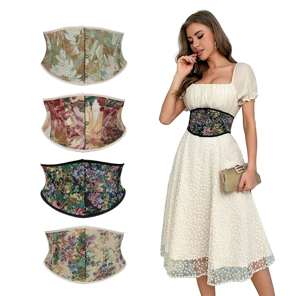 Floral Oil Printing Short Torso Underbust Corset Waist Belt Cincher Lolita Bustier Shaper