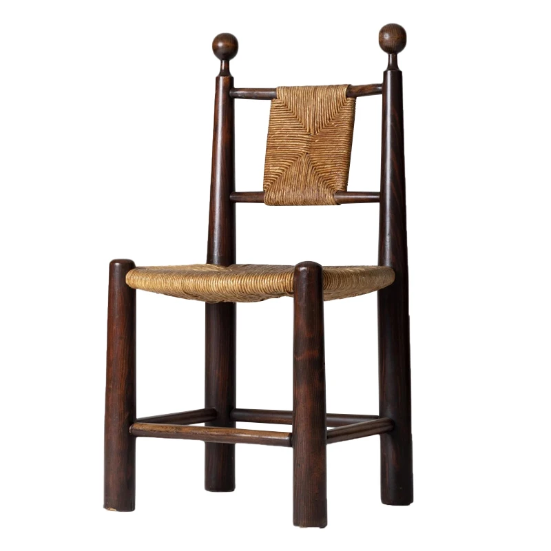 

French retro solid wood medieval dining chair, rope and rattan woven home back chair, American makeup wabi-sabi style