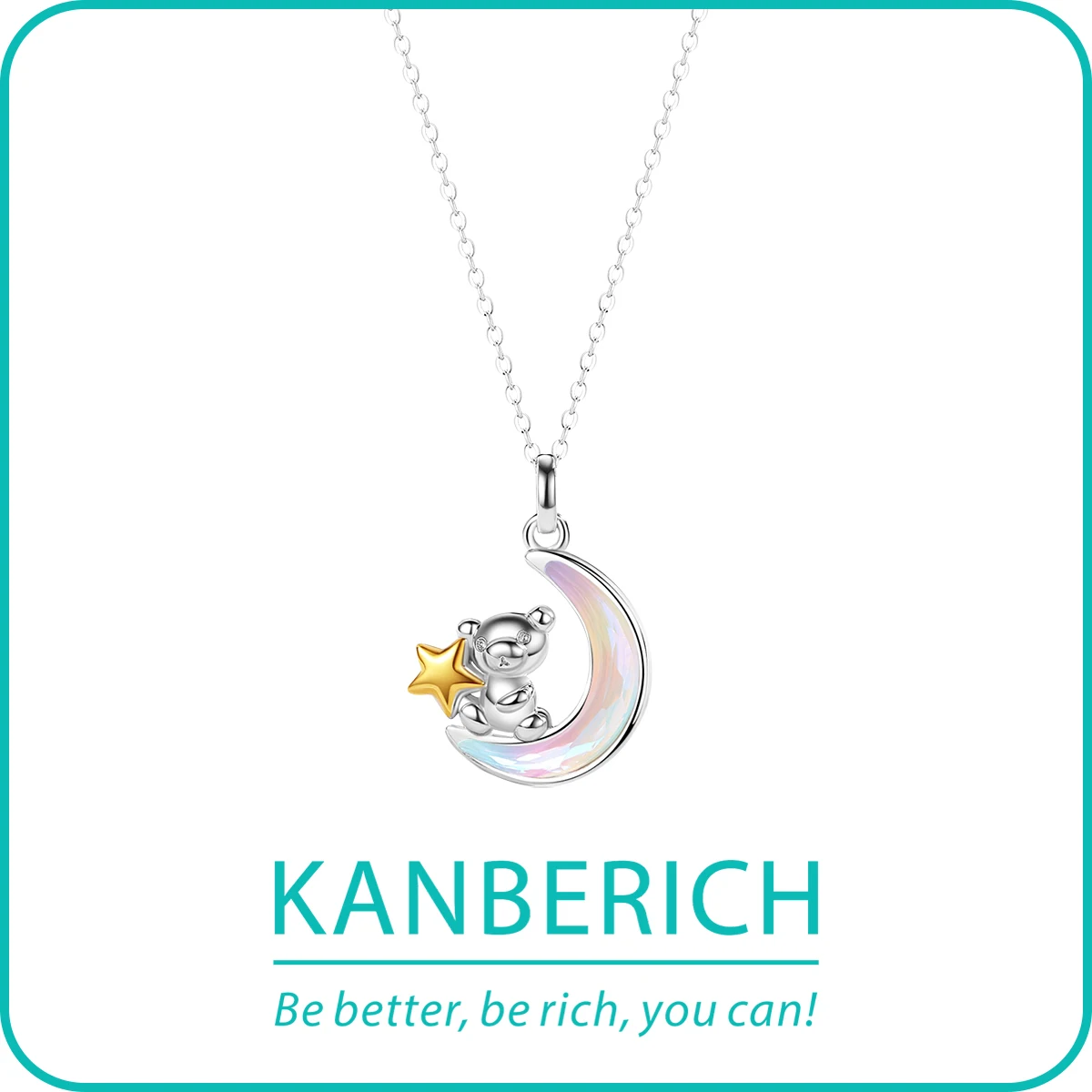 

Kanberich S925 Real Sterling Silver Cubic Zirconia Little Bear Reaching for Star Pendant Clavicle Chain Necklace