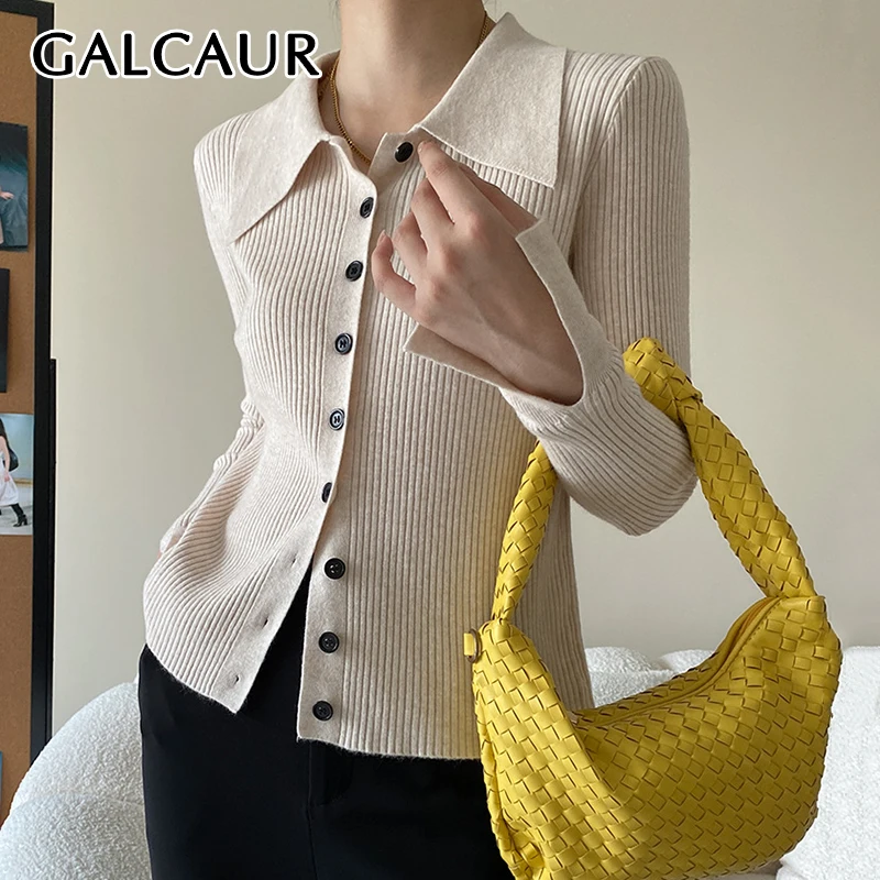 

GALCAUR French Elegant Solid Sweater for Women Lapel Long Sleeve Slim Minimalist Knitted Cardiagans Female Autumn Style Clothing