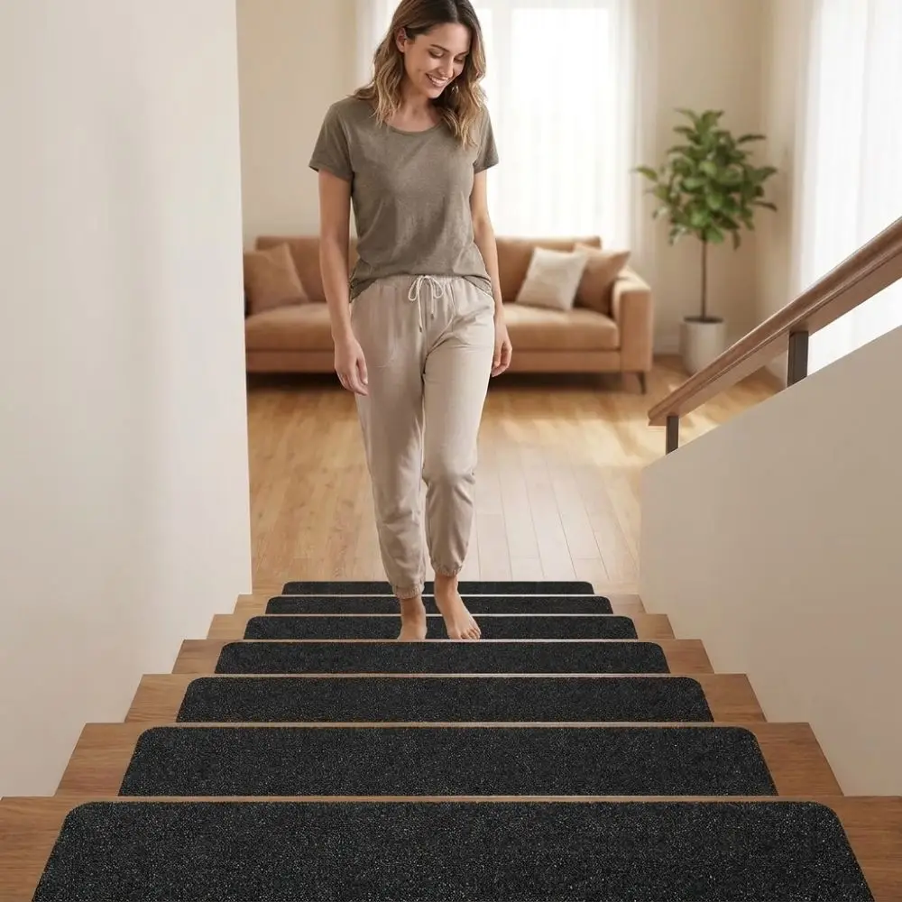 6Pcs Black Frosted Self‑Adhesive Stair Tread Mat Self-Stick Waterproof Stair Grip Tape Strips Tear‑Resistant Pre-Cut