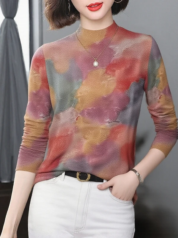 

Elegant Long Sleeve T-Shirt Women High Collar Slim Fit High End Atmosphere Warmth Printed Design Polyester Fiber Winter Top