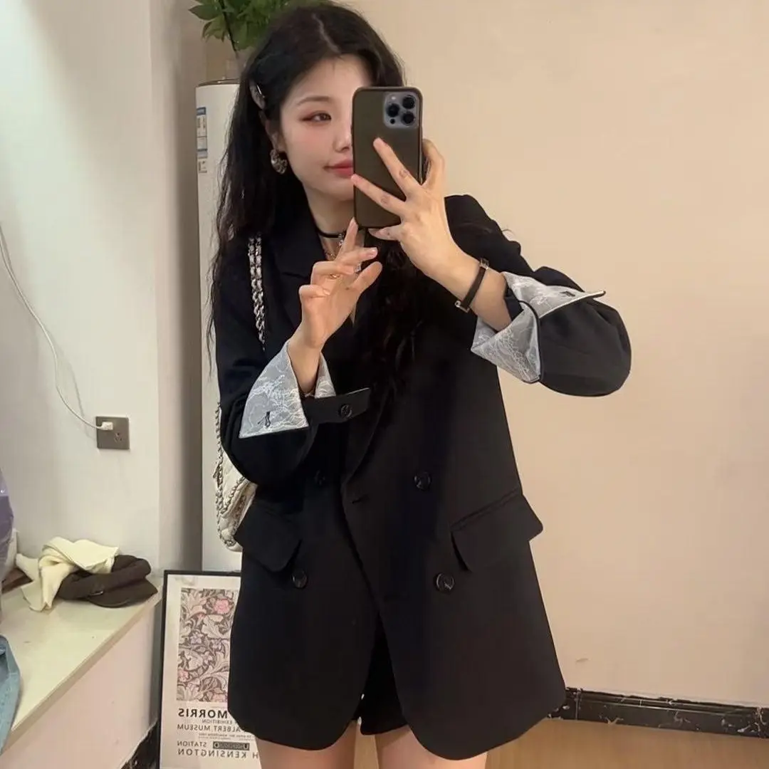2026 Spring Autumn Korean Lace Patchwork Blazer Women Loose Casual Chic Small Designer Style Jacket Fashion Outerwear