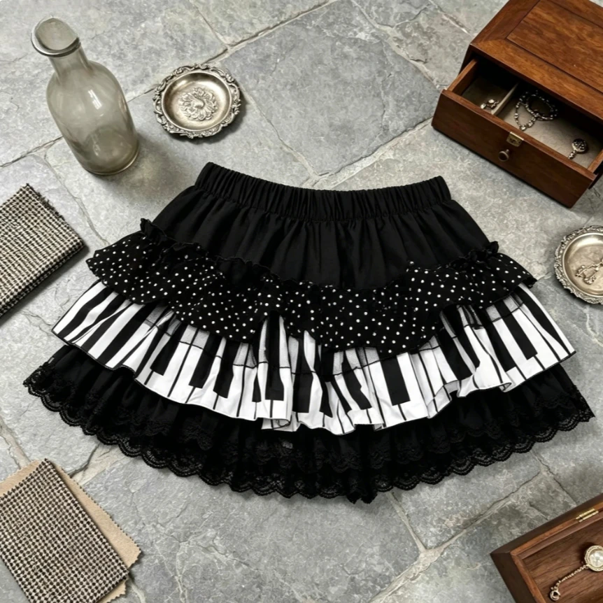 

Vintage French Elegant Mini Skirt 2026 Summer Women Piano Pattern Ruffle Short Skirt Y2k Casual Party Streetwear Female Skirt