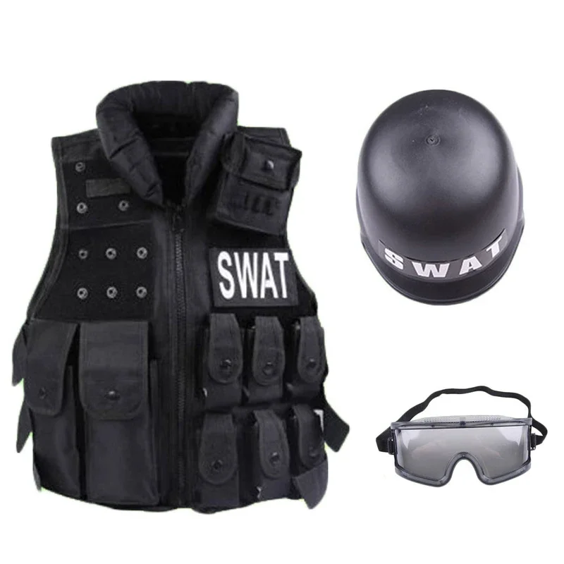 Carnevale di Halloween Bambini Cosplay Polizia Gilet antiproiettile Casco di sicurezza Occhiali per bambini Altezza 110 cm-150 cm PA8491