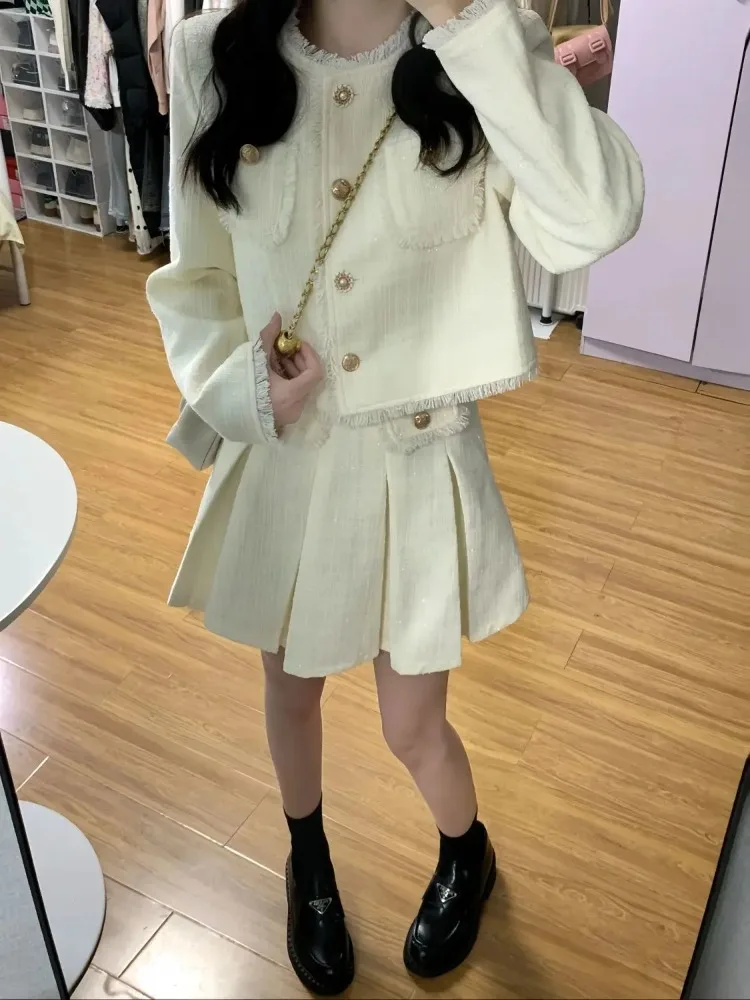 Insozkdg French Small Fragrance Style Outerwear Skirt Sets Autumn Long Sleeved Top + Pleated Skirt Elegant Two-piece Set Female