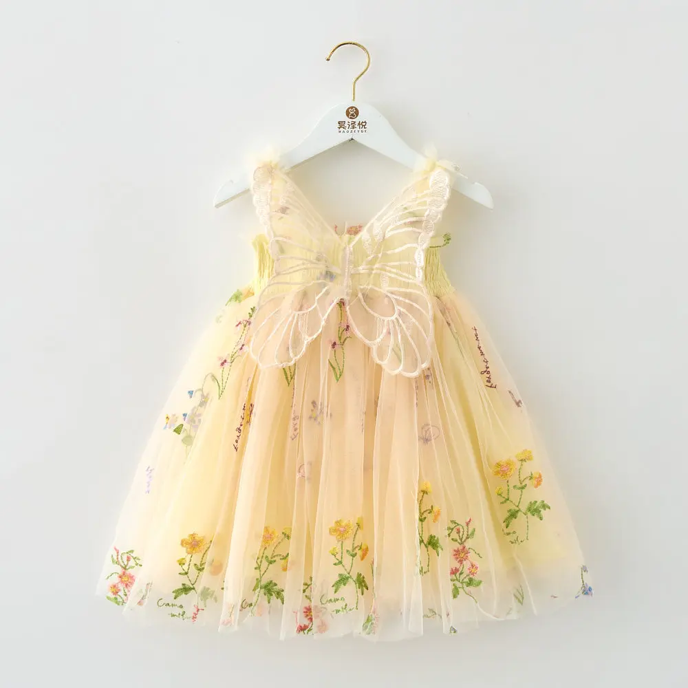 Cute Baby Girl Clothes Quality Flower Embroidery Mesh Three Dimensional Wings Baby Dress Sweet Baby Girl Dress Princess Frocks