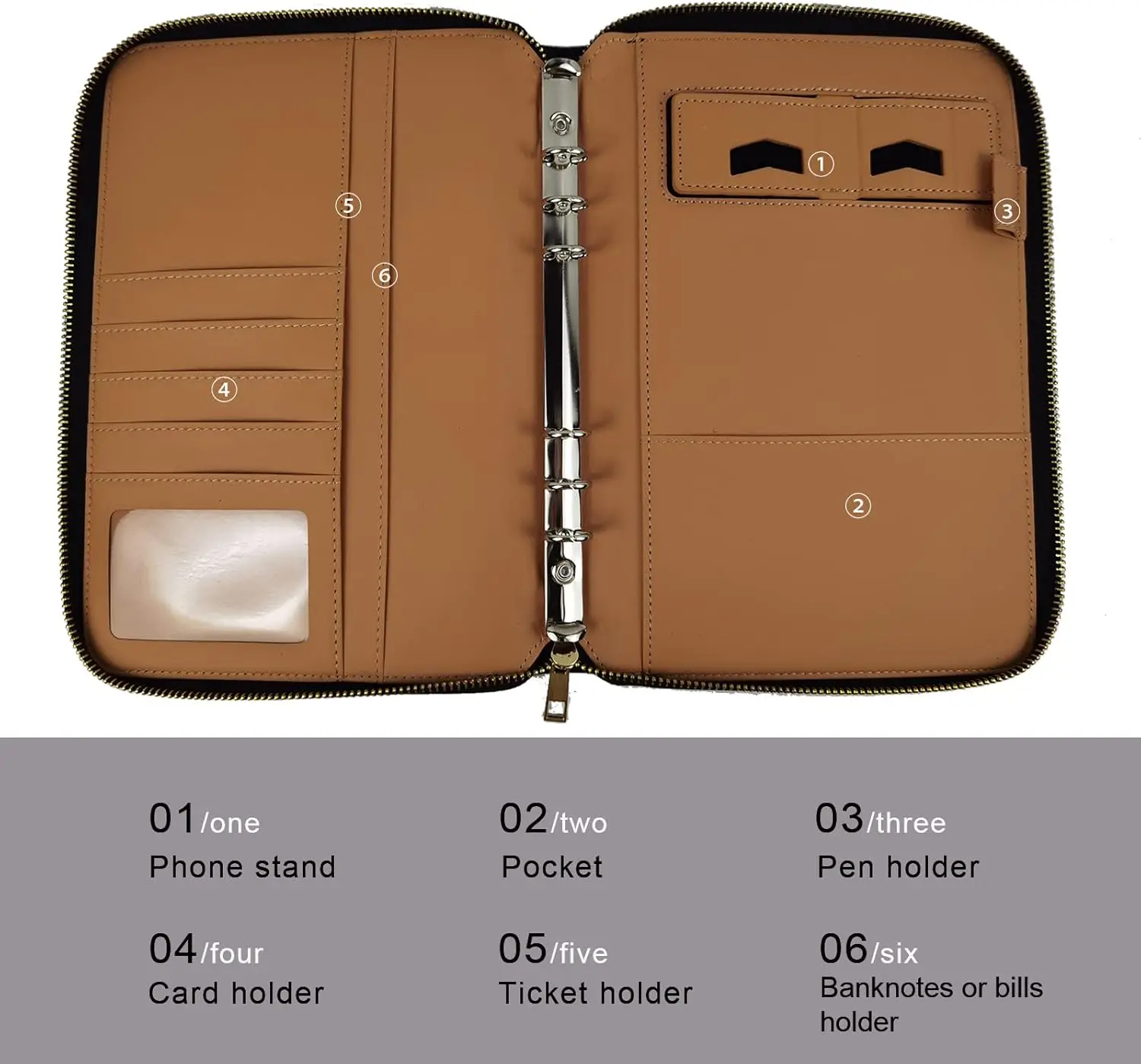 مجلد A5 جديد مع حامل هاتف، غطاء مجلد ميزانية من جلد البولي يوريثان، 6 حلقات غطاء مخطط للكمبيوتر المحمول قابل لإعادة الملء مع سحاب