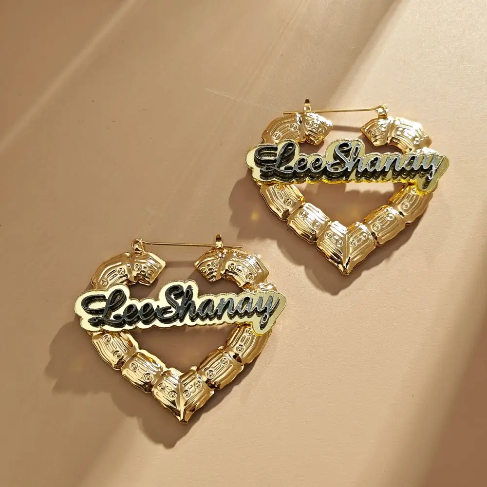 Lateefah Stainless Steel Acrylic Double Colors Heart Bamboo Personalised DIY Custom Name Earrings