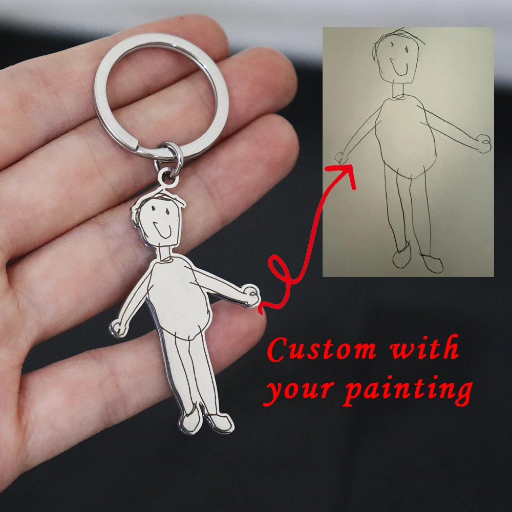 Custom Engraved Kid's Drawing Keychain Personalized With Hand-Drawn Art/Photo/Painting Keyring Stainless Steel Jewelry For Child